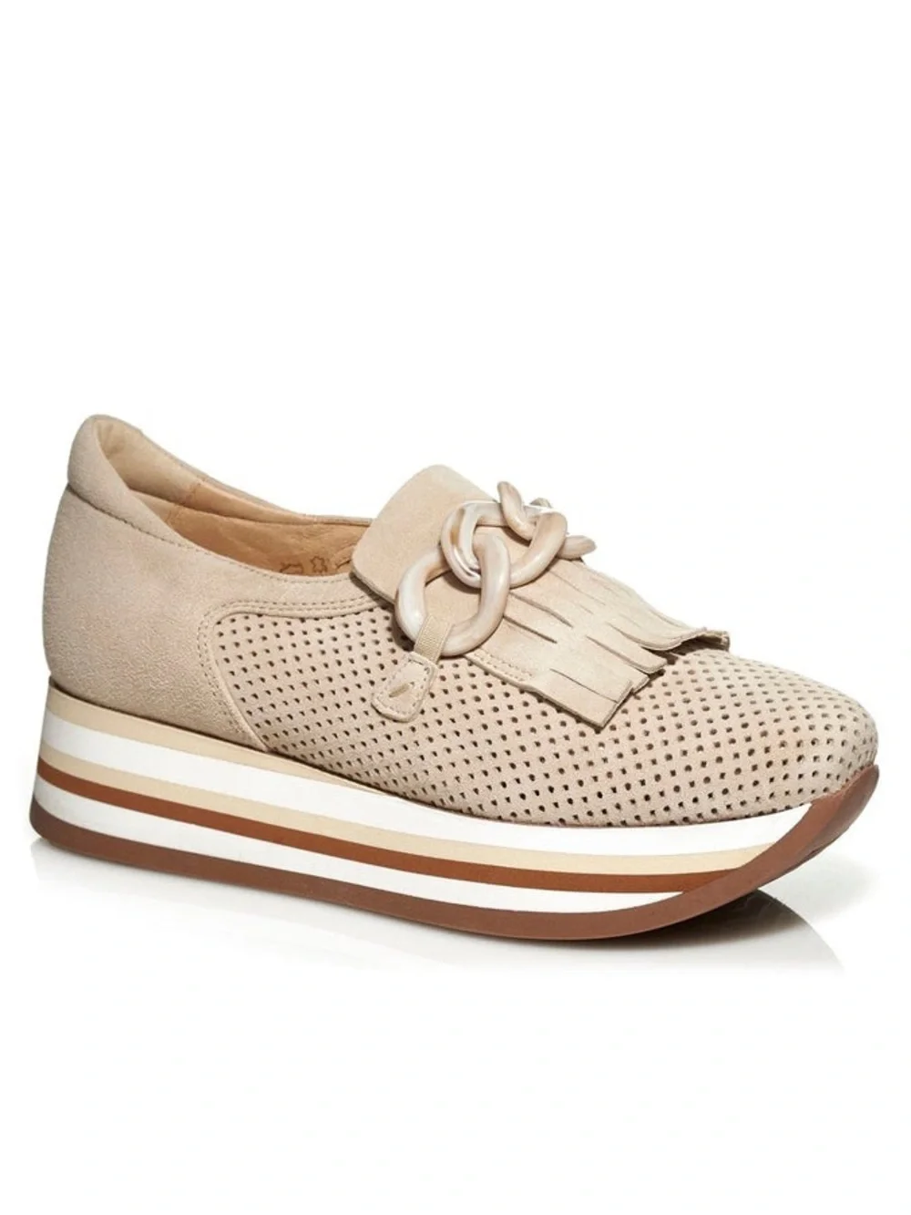 Neutral Beige Perforated Platform Loafer with Fringe and Chain Accent